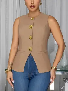 Women's Vintage Sleeveless Vest with Buttons, Waist Cinching Design, Split Hem, Office and Casual Wear, All Seasons, Tops