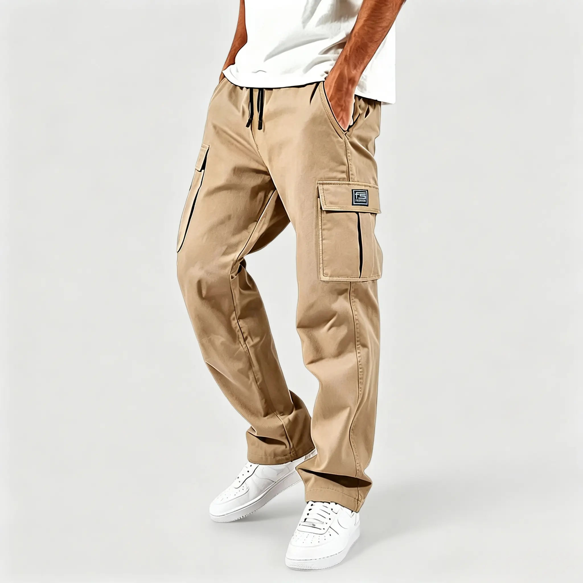 TOOTD Premium Men's Polyester Cargo Trousers - Minimalist Classic Basic Menswear Work Pants, Comfortable, Easy Care, Super Mild Stretch, Stylish Lettering