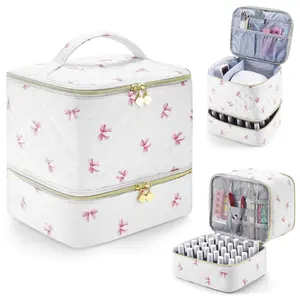 Embroidered Nail Polish Storage Bag, Bow Print Manicure Tool Organizer, Cosmetic Pouch, Holds 30 Bottles and Nail Lamp, Elegant Simple Design, Valentine's Gift