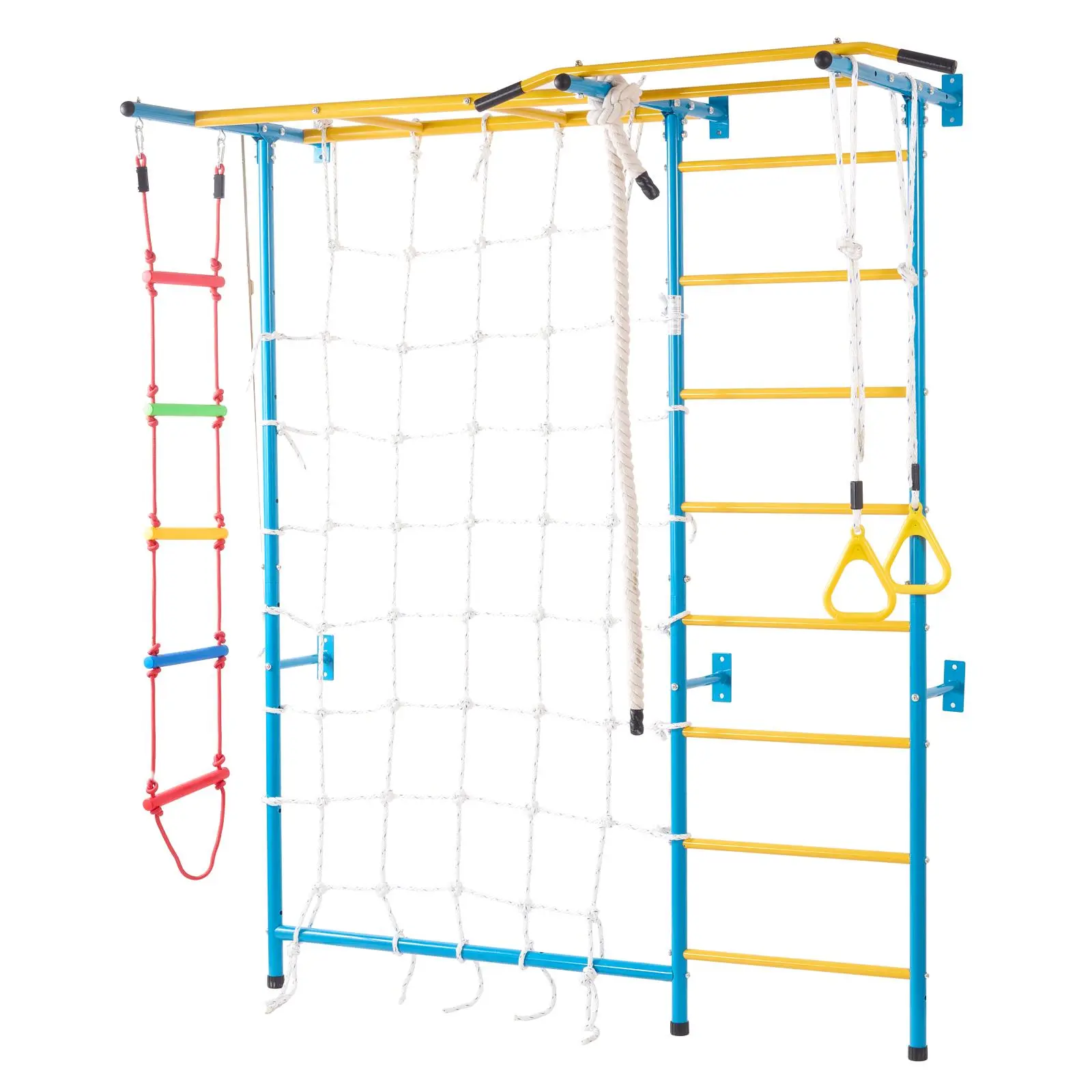 VEVOR Indoor Jungle Gym for Toddlers,  7-in-1 Climbing Playset with Carbon Steel Swedish Ladder, Wall Ladder, Pull-Up Bar, Rope Ladder, and Gymnastic Rings, Supports 220 lbs, Multicolor