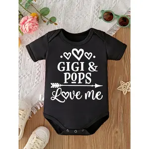 Cute Baby Bodysuit With Gigi And Pops Love Me Print Soft Versatile Round Neck Button Detail Regular Fit All Seasons Knitted Fabric Onesie