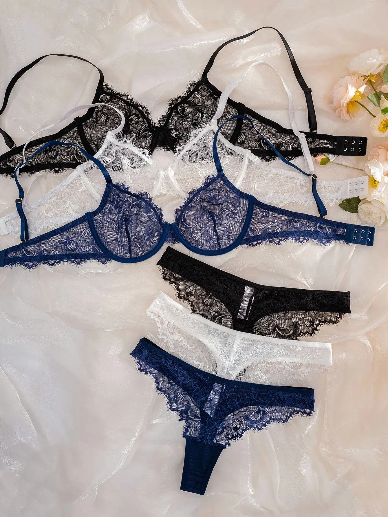 MAB 6pcs/Set Women Lace Underwire Soft Cup Comfortable Bra Set Everyday Lingerie Intimate Apparel Sexy Adjustable Straps