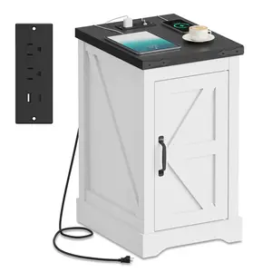 Farmhouse Nightstand with Charging Station, White Wooden Bedside Table with USB Type C and AC Outlets, Modern End Table with Barn Door Storage Cabinet and Adjustable Shelf for Bedroom Living Room Office Small Spaces