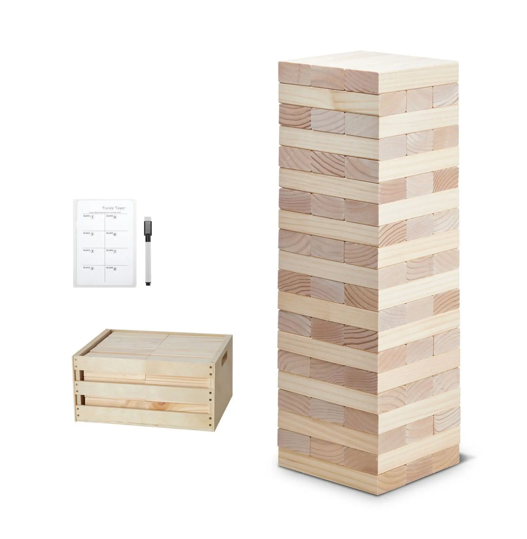 Tumbling Tower Game, 60 Blocks Giant Wooden Stacking Game, Pine Wood Blocks with Crate & Scoreboard, Indoor/Outdoor Family Games for Adults & Kids L18xW6xH3 cm 60 cm