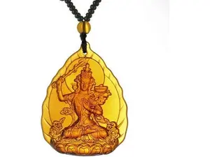 Tara Buddha Glazed Pendant Necklace, Crystal Beads Pharmacist Buddha Heart Mantra,Amulet Buddha Crystal Pendant(Chain 65cm)