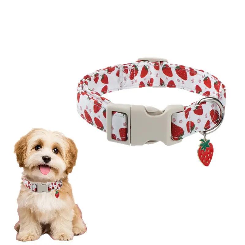 Pink strawberry dog collar, a sweet strawberry-patterned collar for spring and summer, suitable for Puppy, small, medium and large dogs for girls