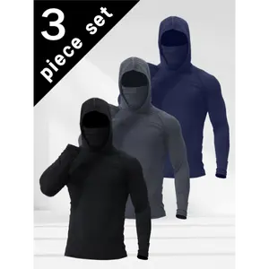 SIPERLARI Men's 3-Piece Solid Color Sunscreen Hooded Sweatshirt Set with Mask - Quick-Drying, Breathable, Athletic Fashion Techwear - All-Season Activewear Top Set for Fishing, Gym Workouts