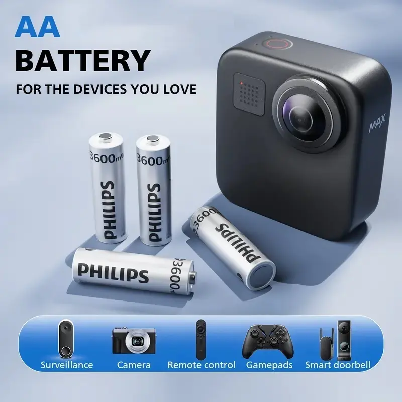 Philips AA Rechargeable High-Capacity Batteries, 3600mWh 1.5V, with Smart Fast-Charging Case for Sports & Outdoor Water Sports Boating Portable Use, Aa Battery Pack, Rechargeable Battery Bundle