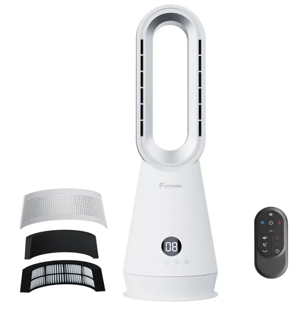 3 IN 1 Tower Fan, 31.5Inch Cooling & Heating Bladeless Fan with HEPA Filter 99.97%, Heater Fan Floor Fan Combo 80° Oscillating with Remote, 8H Timer for Indoor, Bedroom, Home Office Room