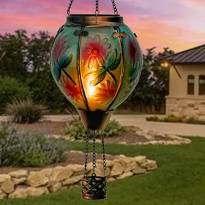 Solar Hot Air Balloon Flickering Flame Hanging Garden Light, Outdoor Waterproof Flame Effect Glass Solar Hot Air Balloon with Simulated Flame Lantern Gifts for Mom Balcony Yard Décor