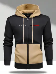 Men's Autumn Winter Letter Paris Print Long Sleeve Pocket Zipper Hoodie Color Block Fashion Casual Vacation Sports Outing Top Contrast Color Hat Jacket Coat Suitable for Commuting Work Fishing Camping Vacation Gift for Boyfriend Husband Menswear Stylish