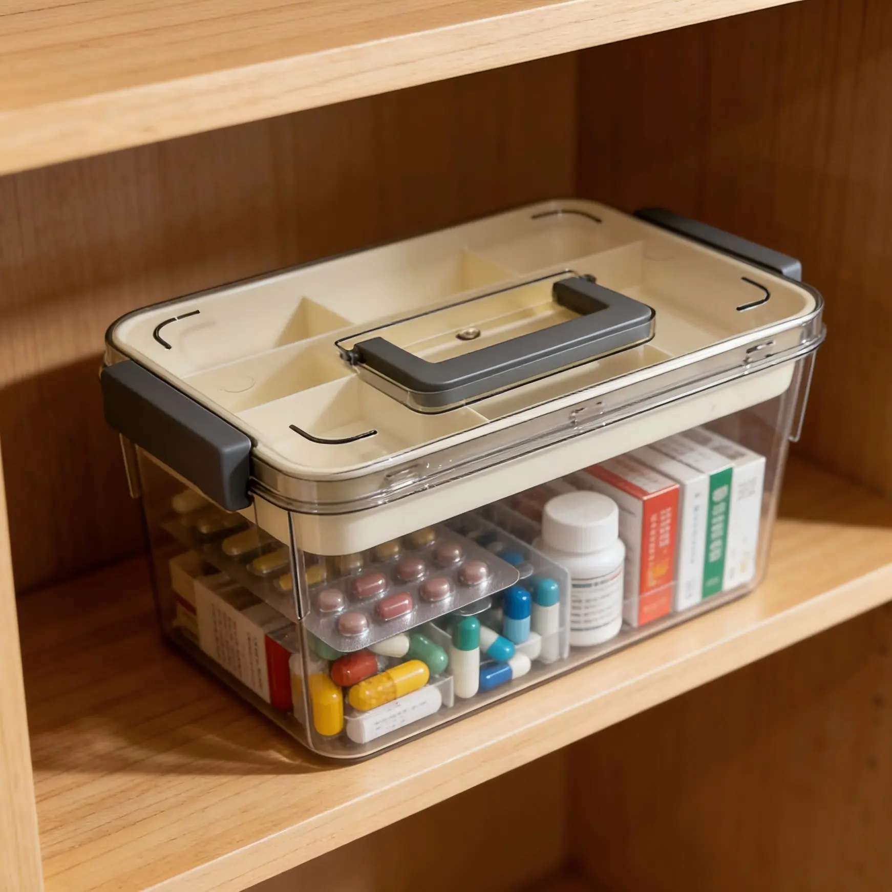 1 large-capacity plastic multi-layer medicine first-aid storage box with a snap-on lid and handle - portable medicine storage box, suitable for storage at home, during travel, in households and offices, Clear Storage Box, Plastic Storage Bins