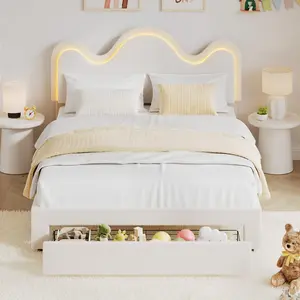 Garvee Queen Bed Frame with LED Headboard and Under-Bed Drawer, Metal Upholstered Platform Bed with Lamb Fleece Fabric, Wooden Slats Support, No Box Spring Needed, White