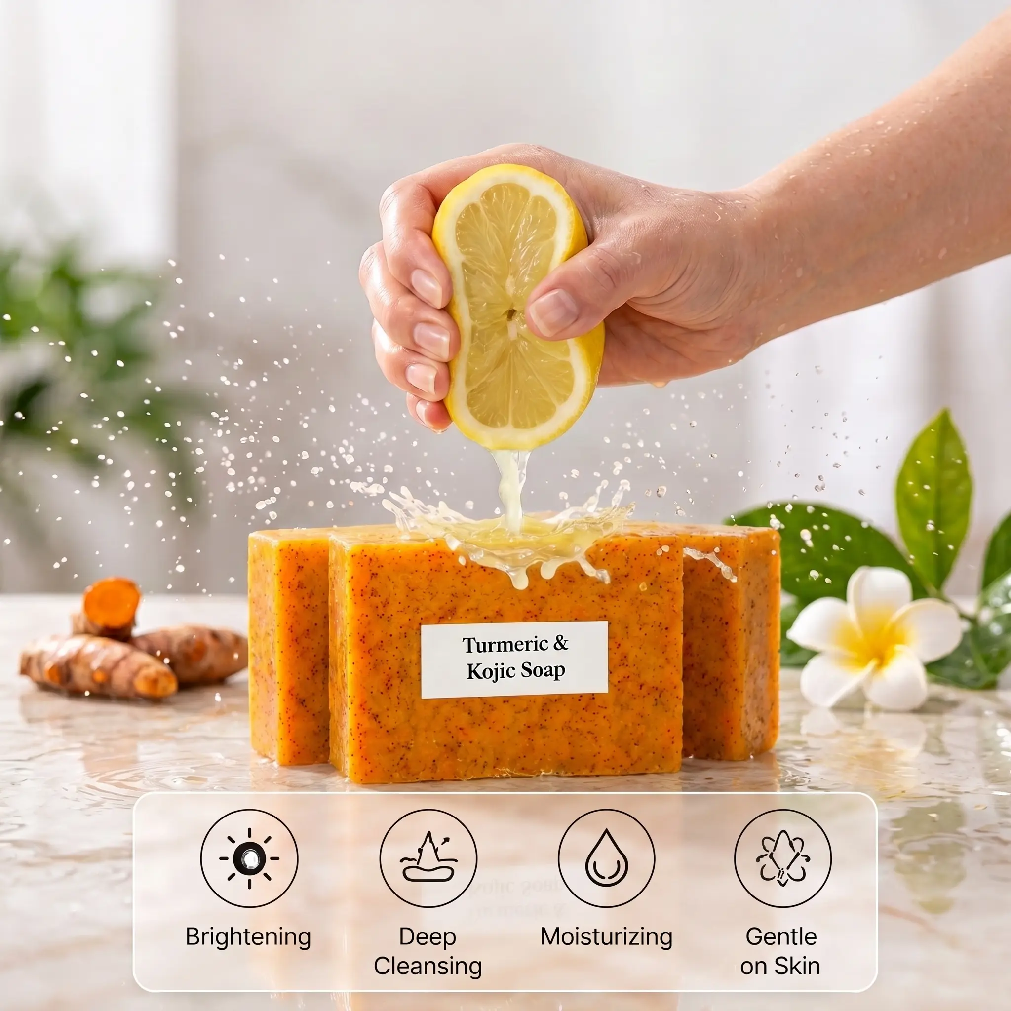 Lemon Turmeric KojicAcid Soap, Natural Organic Turmeric Face and Body Wash Soap Bar, Firm Pores, Even Out Skin Tone,Lemon Turmeric Glowing Skin Care Soap, Deep Clean, with Soap Saver Bags