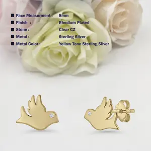 8mm Dove Stud Earring Push Back CZ 925 Sterling Silver Women Round Earring