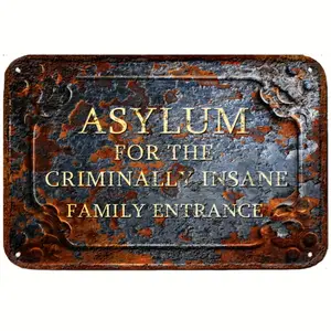Funny "Asylum Family Entrance" Vintage Metal Sign - 8x12 Inch Rustic Humor Wall Decor, Perfect Gag Gift for Family & Friends