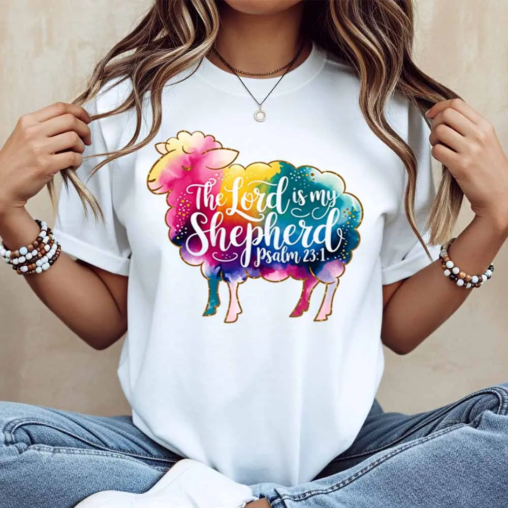 Colorful Sheep The Lord Is My Shepherd Psalm 23 1 Print T Shirt Women Casual Short Sleeve Round Neck Top Fashion Graphic Tee
