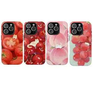 Adorable Cat Fruit Phone Case – Cute White Kitten with Tomato, Cherry, Peach & Grapes in Whimsical Hand-Painted Art Style, Vibrant Red & Pink Aesthetic Cover for iPhone 11 12 13 14 15 16 17 & Samsung S23 S24 S25 S26| Sweet Gift for Her & Him