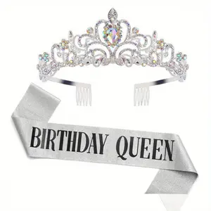 2PCS Set Birthday Queen Tiaras Crown And Sash For Women Girls Princess Crowns Silver Birthday Party Decoration Headband With Birth Sash Decorations Accessories For Birthday Wedding Prom Party