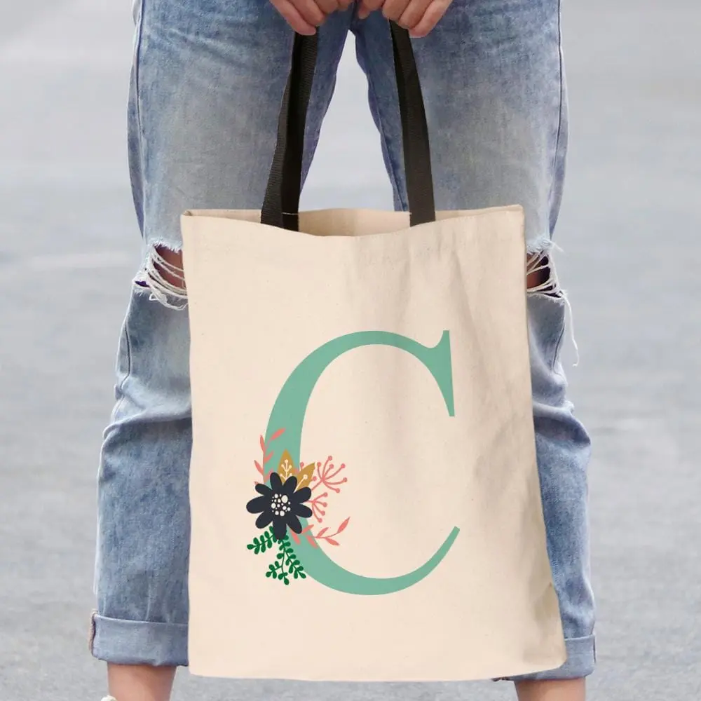 Personalized w/ Initial Floral Tote Bag | Custom Canvas Bag