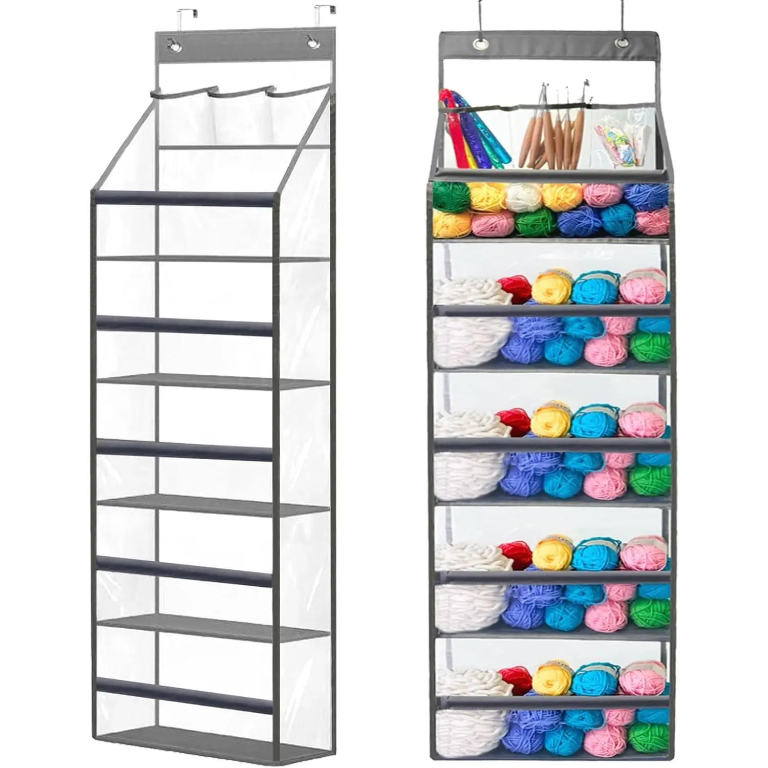 Hanging Yarn Storage Organizer, Large Capacity Clear Door with 5 Yarn Balls Pockets & 3 Top Crochet/Knitting  Pockets, Space-Saving Closet Storage