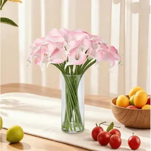 24 Real Touch Calla Lily Stems with Glass Vase & Faux Water – Realistic Latex Artificial Flowers for Wedding Centerpieces, Home Office Decor, Table & Living Room Arrangements, Romantic Pink