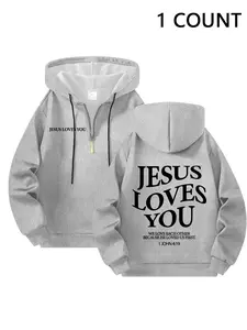 Men's Casual Sporty Half-Zip Hoodie, Jesus Loves You Print, Comfortable Fashion Simple Hooded Sweatshirt, New Loose Fit Spring Autumn Pullover, Graphic Print Hoodie
