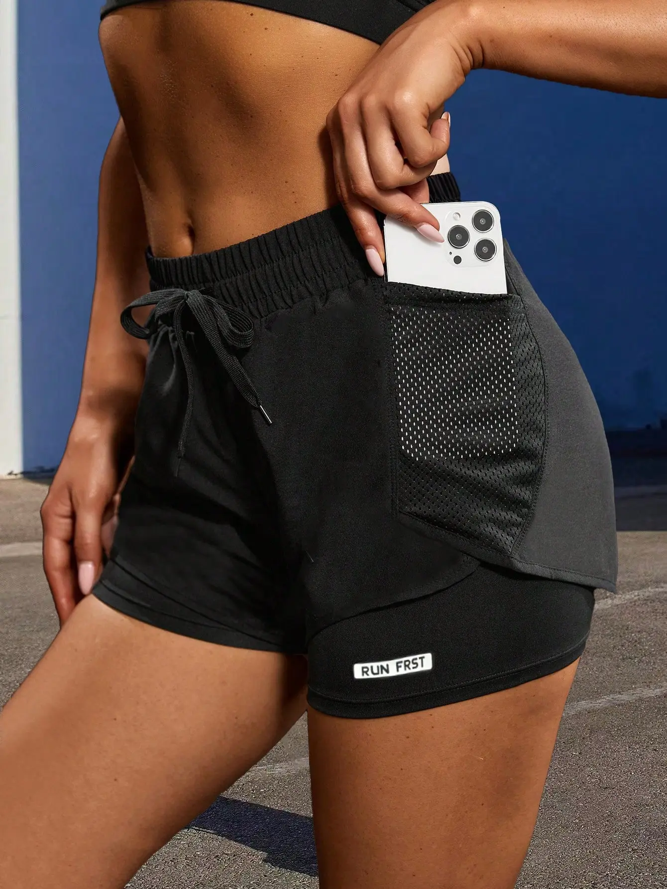 Drawstring waist athletic shorts with phone pocket designDrawstring Shorts,Women'S Sports Shorts,Gym Shorts,Motorcycle Shorts