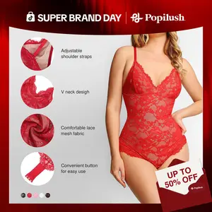 Popilush Basic Full Lace Shapewear Bodysuit Women Vneck Compression Sleeveless Thong Tummy Control Backless Adjustable Sexy Long Sleeve Bodysuit Womenswear