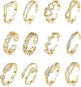 12PCS Toe Rings for Women 14K Gold Plated Adjustable Open Toe Rings Set Silver Heart Arrow Infinity Beach Foot Jewelry for Summer Hypoallergenic Copper Material
