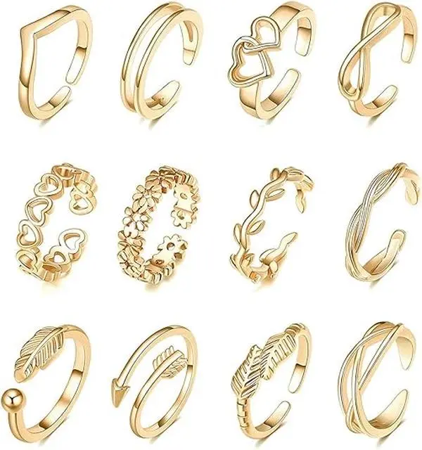 12PCS Women's 14K Gold Plated Toe Rings with Adjustable, Open, Silver, Heart, Arrow, Infinity, Beach and Summer Jewelry for Women
