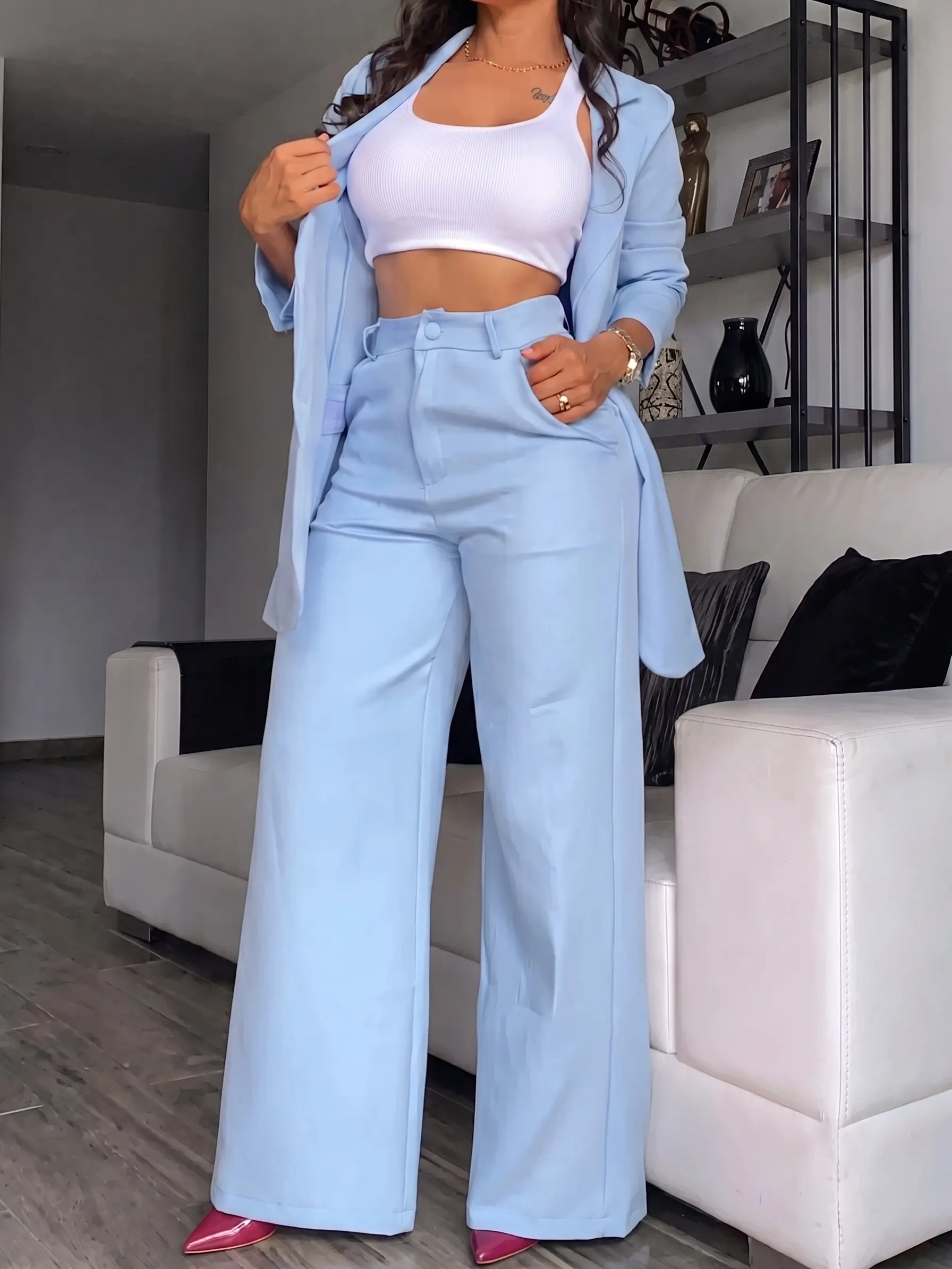 Women's 2 Piece Suit Set - Elegant Open Front Lapel Blazer with Split Sleeves and High Waisted Straight Pants Business Casual Outfits Blouse Check