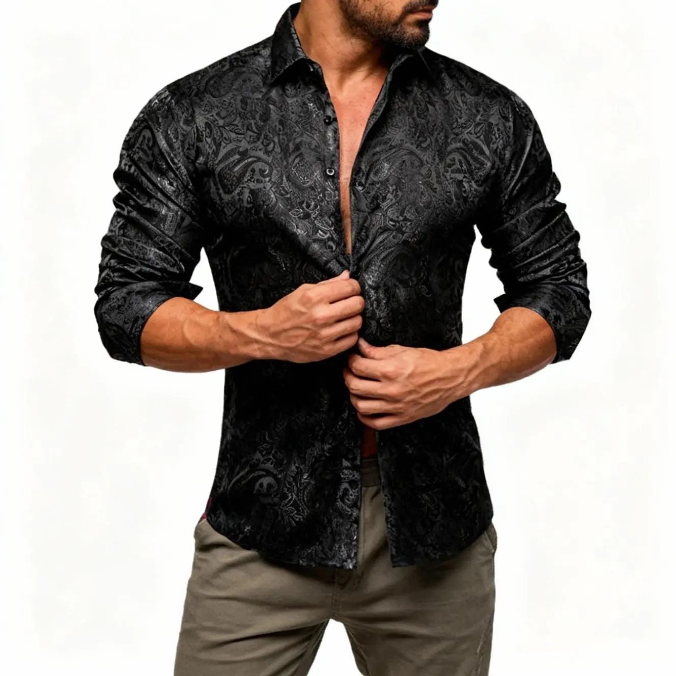 AILISUS Black Men's Paisley Shirt Business Sunscreen Anti-wrinkle Formal Shirt Button Shirt Simple Commuter Men's Summer Tops Casual Longsleeves Casual Soft Fit,clothes for back to school,first day of school outfits