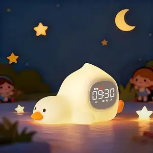 Lying Duck Sleep Trainer Alarm Clock for Kids - 7 Color Silicone Night Light with 6 White Noise, Dual Alarms & Snooze, Rechargeable Bedside Clock for Toddler Bedroom, Perfect Birthday & Holiday Gift ethiopian calendar clock levantense alarm