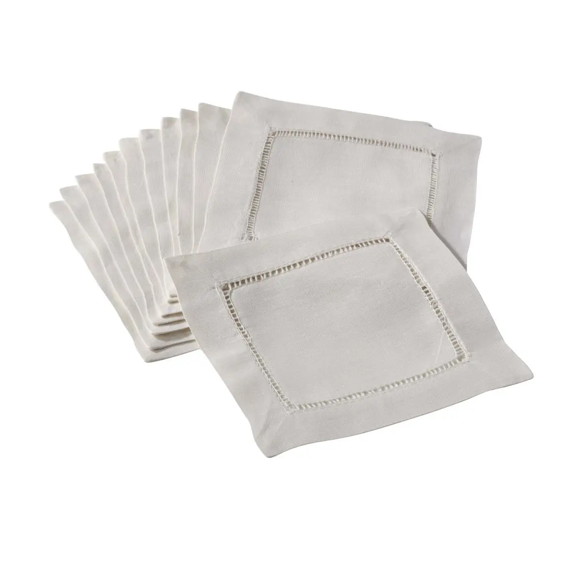 SARO 6100.E6S 6 in. Square Hemstitch Cocktail Napkin - Ecru Set of 12