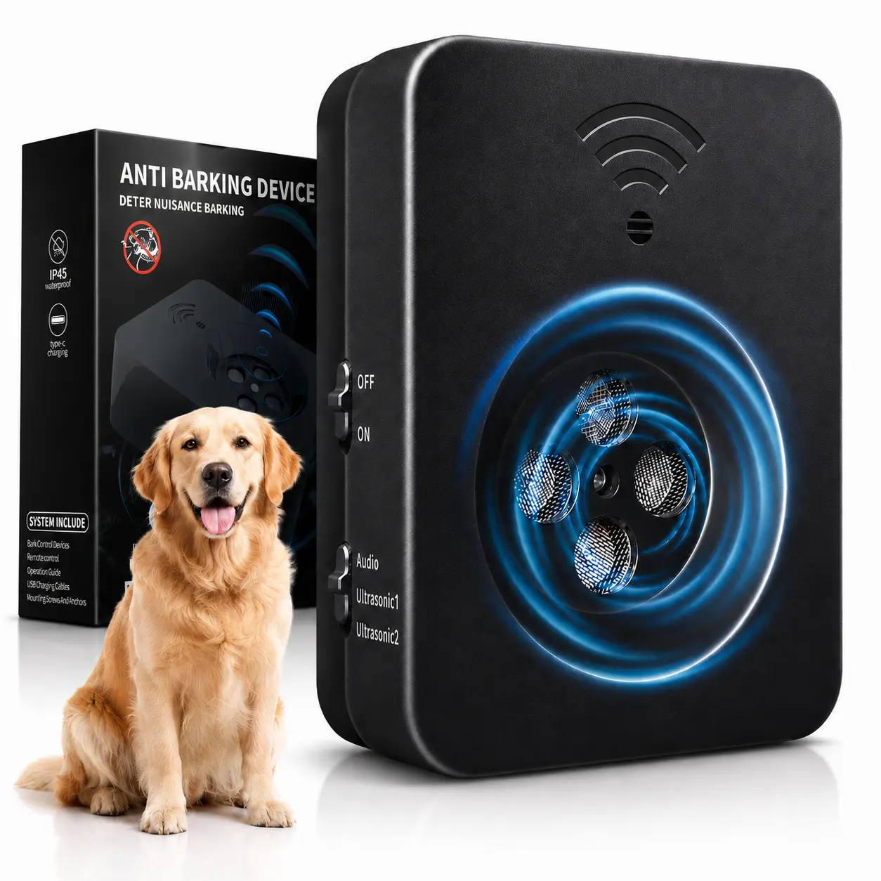 Ultrasonic Anti-Barking Device for Dogs, USB Rechargeable Automatic Bark Deterrent with 50 ft Detection Range, 3 Training Modes for Indoor and Outdoor Use