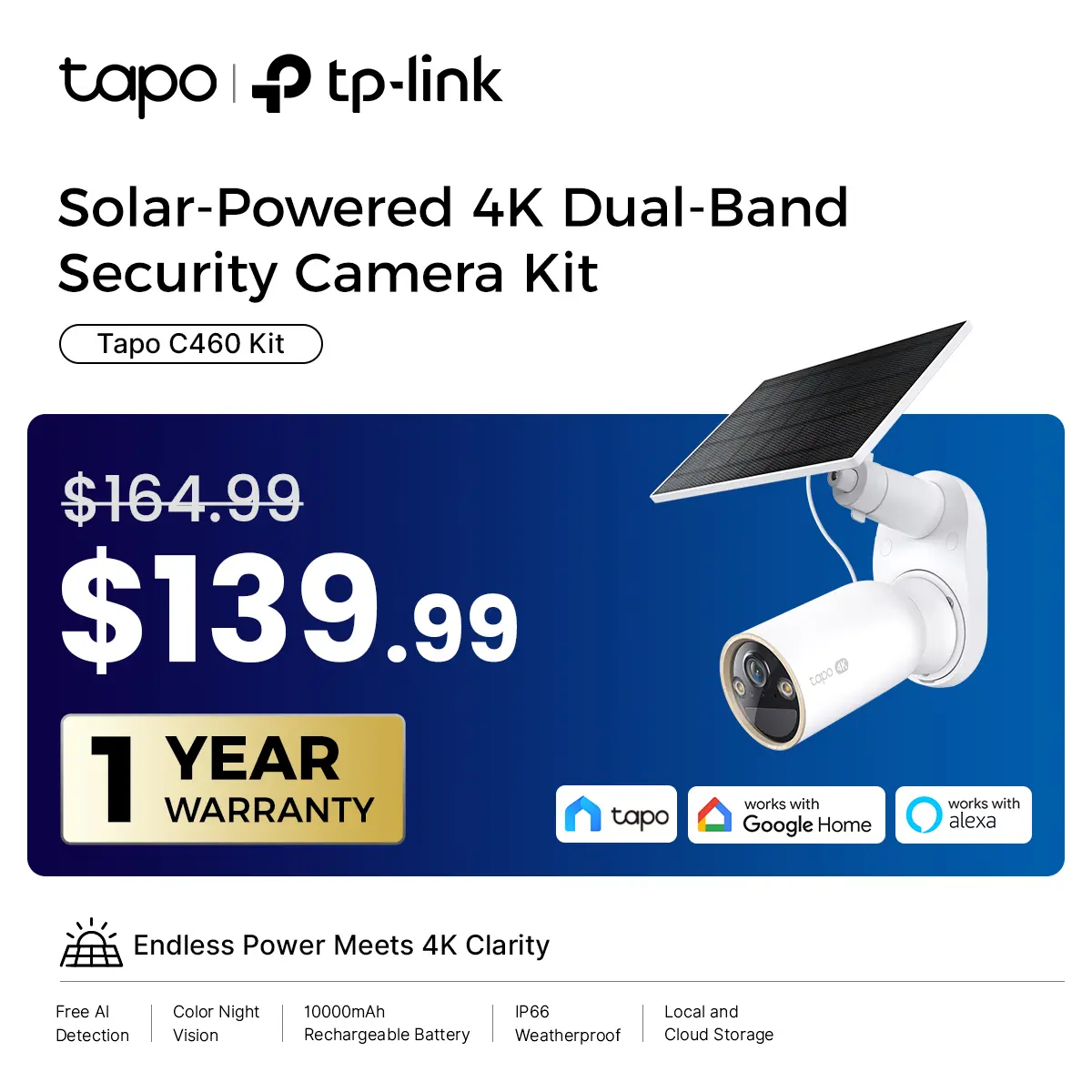TP-Link & Tapo C460 Kit 4K 8MP Outdoor Solar-Powered  Security Camera Kit – 24/7 Capture, Free Person/Vehicle Detection, Starlight Color Night Vision, Alexa & Google Compatible