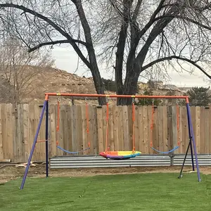 VEVOR Swing Sets for Backyard, 600lbs Load Capacity Swing Set, with 1 Saucer Swing Seat, 2 Belt Swing Seats, Heavy Duty A-Frame Metal Swing Stand and Adjustable Rope, Swingset Outdoor for Kids