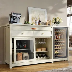 STO'SENSE Extra Large Coffee Bar Cabinet w/Fridge Space&Power Outlet,Lux MiniFridge Cabinet w/2Drawers,Wine Rack,Leather Handle,Adj.Shelves,Bar Tray,Glass Holder&Sliding Door,Buffet Sideboard,Antique