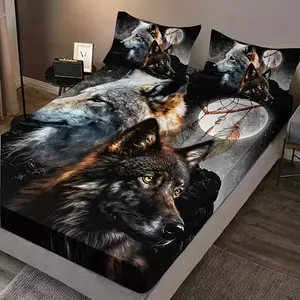 3PCS Night Double Wolf Catching Dream Net Pattern Printed Bed Sheet Three Piece Set (One Bed Sheet and Two Pillowcases unfilled) made of 100% polyester material - suitable for all seasons, ideal for bedroom, dormitory, and hotel decoration Bedding Sets