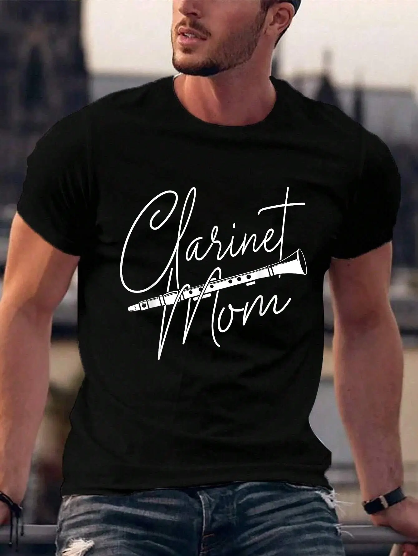 Men's 100% Cotton Short-Sleeve Vintage Casual Distressed Graphic T-Shirt - Unisex Clarinetist Marching Band Music Lover Gift, Round Neck, Preppy, Fitted Cut, Playful Vibe, All Seasons, Streetwear