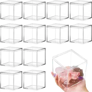 12 count Clear  Box with Lid Plastic Small  Boxes Decorative Storage Box  Display Mini Clear Container for Home Candy   (Square,3 x 3 x 3)