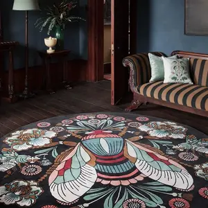 Round Vintage Lotus Insect Pattern Rug, Non-slip Washable Floor Mat, Decorative Carpet for Home Living Room Bedroom Hotel