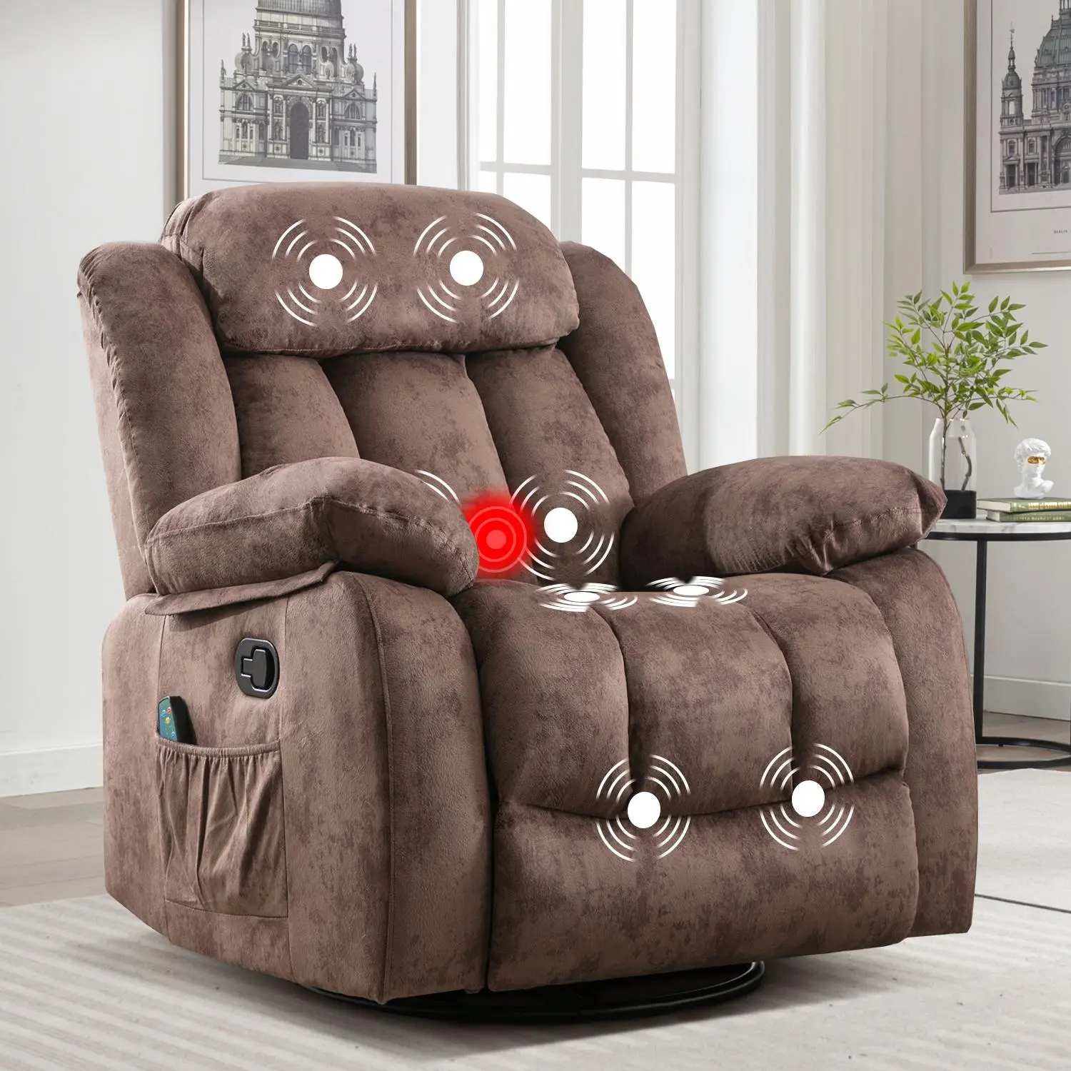 Ebello Massage Rocker Recliner with Heat and Vibration, 360 Degree Swivel Manual Antiskid Fabric Single Sofa Heavy Duty Reclining Chair for Living Room