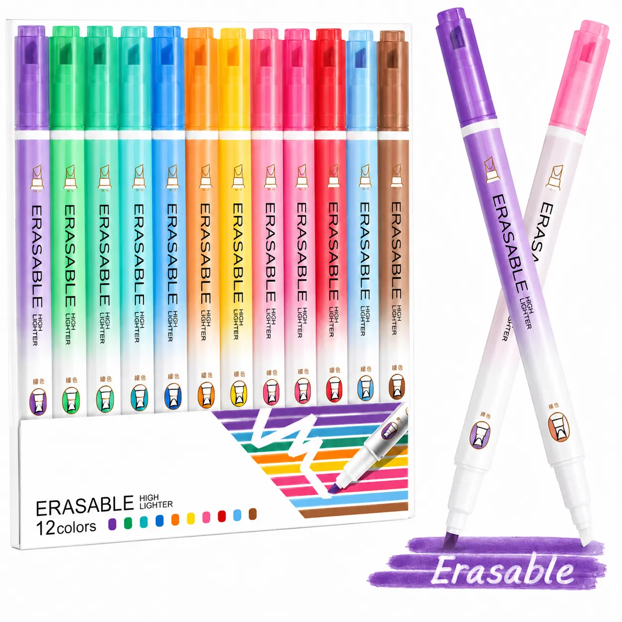 Erasable Highlighters Chisel Tip 12 Pack, Smooth Writing No Bleed Double Head Highlighter for School Notes, Study, Journaling and Office Use