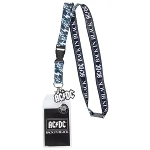 AC/DC Back In Black Reversible ID Lanyard Badge Holder With Rubber Logo Charm And Collectible Sticker