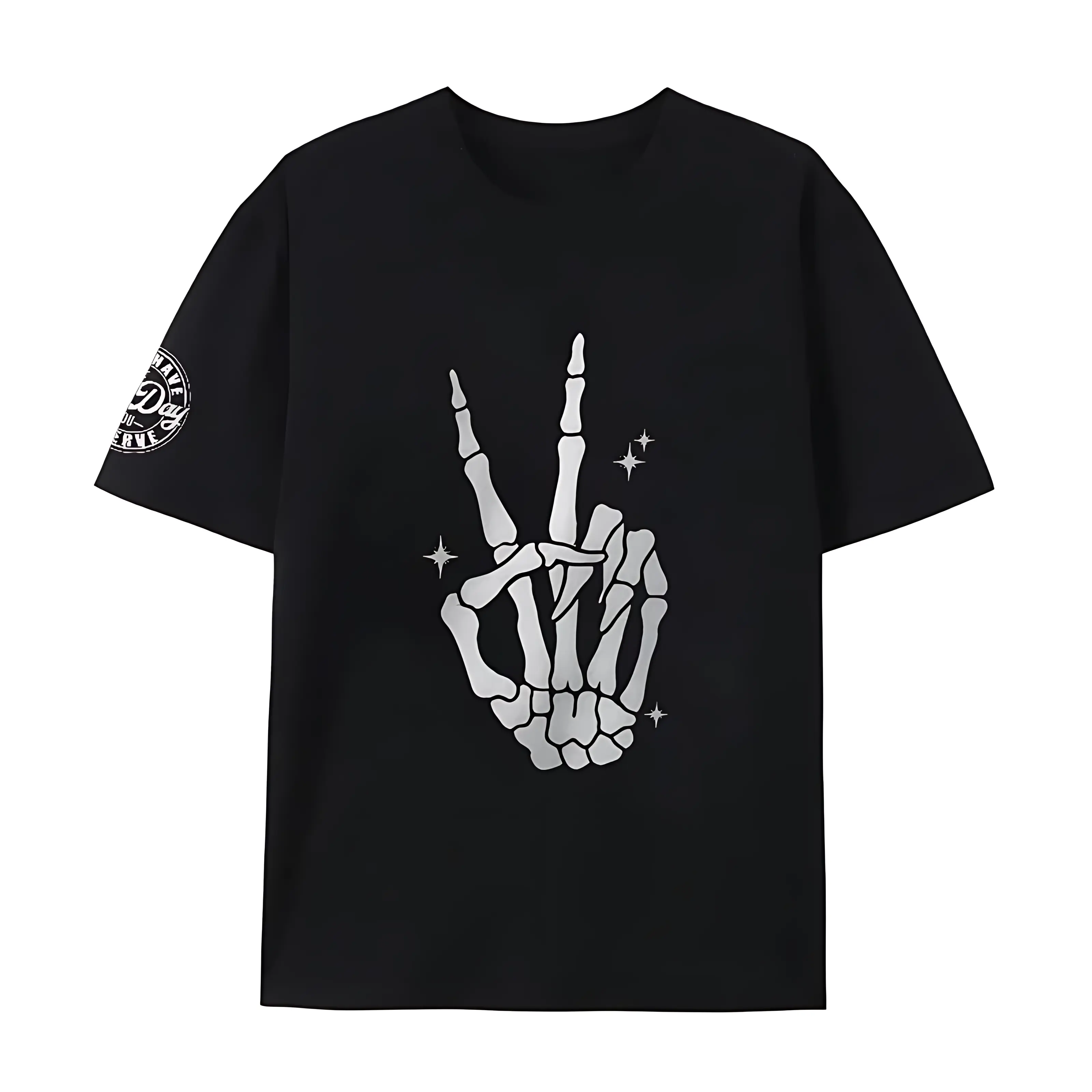 Skeleton Peace Hand Sparkle T-Shirt | Retro Western Skull Bone Graphic Tee, Gothic Halloween Casual Short Sleeve Top for Men Women