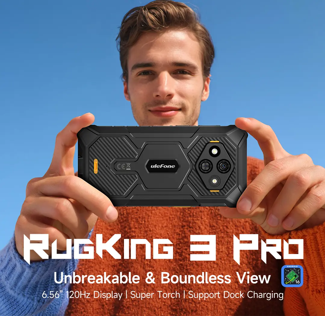 Ulefone RugKing 3 Pro Rugged Phone Unlocked, Octa-core 16GB+128GB/2TB, Android 15, 6.56" 120Hz, 48MP+2MP+8MP, 5600mAh, IP69K & IP68 Proof, Water-Lock, Dock Charging, Al Assistant(Gemini), Orange Visit the Ulefone Store