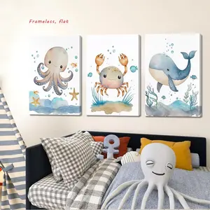 3-Piece Set / Ocean-Themed Nursery Wall Art Marine Creatures Canvas Wall Decor for Baby Boy's Room Watercolor Ocean Children's Room Poster Print Suitable for Boys' and Girls' Rooms Waterproof, Frameless Artwork Triple Canvas Painting