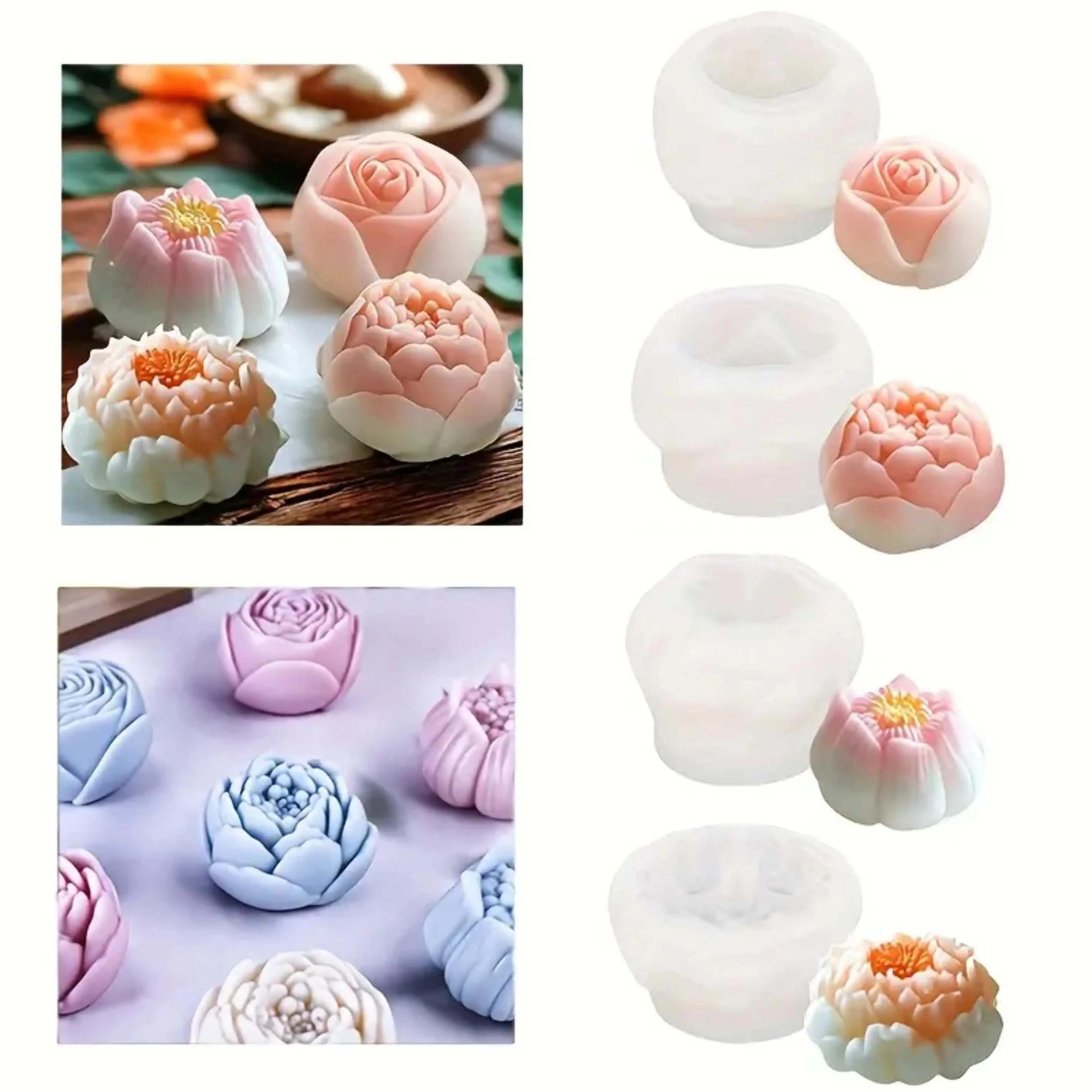 4 Pack Hibiscus Mousse Mould, Rose Flower Candle Mould, Silicone Lotus Mould, Jelly Baking Mould, Soap Candle Mould, Flower Shaped Wax Candle Mould